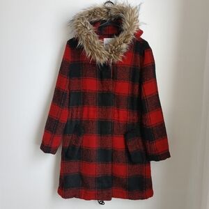 BB Dakota Women's Lia Buffalo Plaid Coat Size XS Red and Black Wool Blend